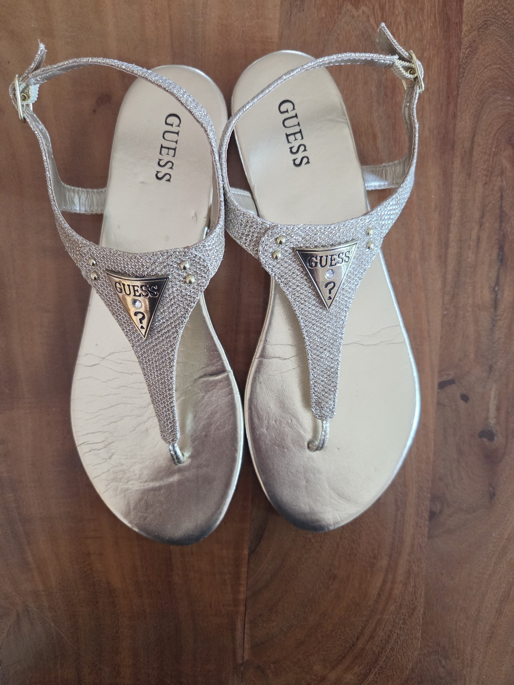 GUESS Metallic Gold T-Strap Logo Sandals